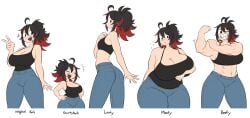 1girls alternate_breast_size black_hair huge_breasts kali_(littlej/zi19191) littlej_(zi19191) muscular_female original ponytail red_hair sharp_teeth shortstack size_difference small_breasts smile sweat tomboy transformation