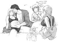 1boy 1girls blush body_hair bra chest_hair cleavage dialogue english_text female female_pubic_hair fingering fingering_partner fingering_pussy fingering_under_clothes gintama hand_in_another's_panties hand_in_panties long_hair male medium_breasts monochrome mutsu_(gintama) nursing_bra panties pregnant pubic_hair pubic_hair_peek pussy_juice sakamoto_tatsuma sitting smile splunkydunk sports_bra spread_legs stretch_marks stubble sweat sweatdrop undressing vaginal_fingering