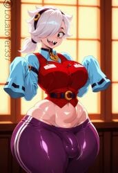 1girl ai_generated ass brawl_stars breasts bulge colette_(brawl_stars) female futanari gigantic_thighs hips huge_breasts lolalover337 long_sleeves panties pants partially_clothed supercell thick_thighs thighs vest wide_hips