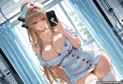 1girl ai_assisted ai_generated amagi_yukiko antenna_hair bow breasts brown_eyes brown_hair cellphone cleavage covered_navel curvaceous curvy curvy_female curvy_figure dress dutch_angle female hair_bow hair_intakes hat holding indoors long_hair miyuai nurse nurse_cap phone ponytail sento_isuzu smile solo thick thick_ass thick_butt thick_hips thick_legs thick_thighs thighhighs thighs voluptuous voluptuous_female white_dress white_legwear wide_hips wide_thighs