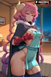 1girls 2025 ai_assisted ai_generated anime animeprds25 apron artist_name bed bedroom black_thighhighs breasts dragon_girl dragon_horns dragon_tail fingerless_gloves gloves hi_res high_quality high_resolution highres horns ilulu ilulu_(dragon_maid) indoors kobayashi-san_chi_no_maidragon long_hair looking_at_viewer miss_kobayashi's_dragon_maid multicolored_hair night panties patreon_username pointy_ears purple_hair skindentation smile solo stable_diffusion tail thighhighs twintails underwear watermark window