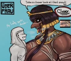 72hoka big_nose dialogue egyptian egyptian_female egyptian_headdress english_text giantess long_nose looking_at_another looking_down looking_down_at_another looking_up looking_up_at_another mouth_open pointy_nose side_view steamy_breath thot_(uberfrau) viewed_from_side