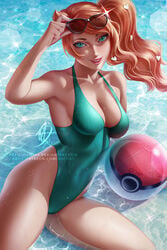 1girls abs armpits ass ball belly blue_eyes breasts cleavage deviantart female female_only human human_only looking_at_viewer nintendo olchas one-piece_swimsuit orange_hair patreon pokemon pokemon_ss smile solo sonia_(pokemon) swimsuit text thick_thighs url water watermark wide_hips