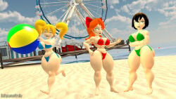 3d beach beach_ball big_ass big_breasts bikini black_hair blossom_(powerpuff_girls) blossom_(powerpuff_girls)_(cosplay) blue_bikini bubbles_(powerpuff_girls) bubbles_(powerpuff_girls)_(cosplay) buttercup_(powerpuff_girls) buttercup_(powerpuff_girls)_(cosplay) cosplay green_bikini hooligan_sisters kabalmystic_(style) mighty_switch_force orange_hair powerpuff_girls red_bikini thick_thighs yellow_hair