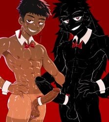 2boys abs anthro balls black_fur bowtie collar color dark-skinned_male darkest_coal grin half-closed_eyes hand_on_hip human lagomorph looking_at_viewer male/male muscular_male naughty_black_bunny penis precum rabbit red_background red_eyes seductive touching_penis wet