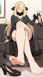 1girls ai_generated barefoot blonde blonde_hair clothed clothed_female clothing creatures_(company) cynthia_(pokemon) feet female female_only foot_fetish foot_focus game_freak nintendo pokemon pokemon_bdsp pokemon_dppt self_upload shoe_fetish shoes_removed smell smell_fetish smelly smelly_feet solo solo_female sweat sweaty sweaty_feet toes