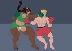 5_toes absurd_res anthro athletic athletic_male athletic_wear barefoot bear big_breasts biped blonde_hair boxers_(clothing) boxing boxing_gloves braided_hair breast_punch breasts brown_bear brown_body brown_eyes brown_hair bulge camel_toe claws clothed clothing competition detailed_bulge dominant dominant_anthro dominant_female duo erection erection_under_clothing feet female female_anthro fight genital_outline grizzly_bear hair handwear hi_res human humanoid_feet knockout light_body light_skin long_hair male male/female male_human mammal musclegut muscular muscular_anthro muscular_female muscular_human muscular_male muscular_thighs nails nipples norsuiso pecs penis_outline plantigrade punch sexual_competition sexual_fight short_hair slightly_chubby sport thick_thighs toe_claws toenails toes topless topless_human topless_male underwear upskirt ursine worried