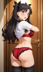 ai_generated ass_focus back_view bedroom black_hair black_hair_female black_kneesocks blue_eyes blue_eyes_female blush blushing blushing_female bra butt_focus changing_clothes curvy curvy_body curvy_female cute_face cute_girl door fate/stay_night fate_(series) hot_female kneesocks lingerie looking_back looking_back_at_viewer male medium_ass medium_butt nice_ass panties red_bra red_panties remastered rin_tohsaka sexy_girl shirt_up small_boobs small_breasts small_tits solo_focus thick_legs thick_thighs tohsaka_rin twintails type-moon upscaled white_shirt