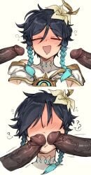 2026 2d 2d_(artwork) ? ?? blowjob blush blushing braid braided_hair closed_eyes color colored confused confusion doppel drooling drunk dubious_consent eyeless_male fellatio femboy gay genshin_impact hilichurls_(species) homosexual hoyoverse male male/male male_only multiple_boys open_mouth oral oral_penetration oral_sex penis penis_on_face penis_out simple_background skimpy skimpy_clothes venti_(archon)_(genshin_impact) venti_(genshin_impact) white_background yaoi