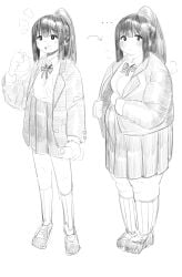 b45ui before_and_after big_ass big_breasts blushing_at_viewer bow, bulging_belly buttoned_shirt drinking eating high-waist_skirt long_skirt looking_at_viewer nimo nimo22 open_jacket outgrowing_clothes school_uniform thick_arms thick_thighs thigh_socks thin_to_fat tugging_clothing undersized_clothes weight_gain