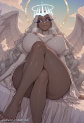 1girl ai_generated alternate_version_at_source angel angel_wings big_ass big_breasts big_butt big_hips blue_eyes child_bearing_hips crossed_legs dark-skinned_female dark_skin halo hazbin_hotel hips_wider_than_shoulders huge_ass huge_breasts hypet long_arms long_hair long_legs sera_(hazbin_hotel) shiny shiny_skin steam steaming_body tagme tall tall_female thick thick_ass thick_hips thick_legs thick_thighs thighs white_hair wide_hips wings