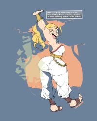 abstract_background ahoge baggy_clothing baggy_pants blonde_hair blue_eyes bubble_butt chain chrono_(series) detonassion fart fart_cloud farting looking_at_viewer looking_back marle no_bra open_mouth open_mouth_smile pants ponytail princess royalty sandals shameless smile standing stretching tied_hair wink winking_at_viewer