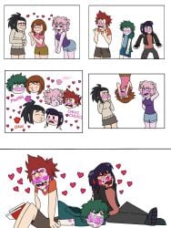 2boys 4girls black_hair black_hair_female brown_hair brown_hair_female comic cute dodobird1224 female female/female green_hair green_hair_female heart-shaped_pupils hearts hearts_around_head izuku_midoriya jirou_kyouka kirishima_touka kiss kiss_mark_on_face kiss_marks kissing knocked_out lips lipstick lipstick_mark lipstick_mark_on_face lipstick_marks male male/female mina_ashido momo_yaoyorozu multiple_boys multiple_girls my_hero_academia not_porn np ochako_uraraka pink_hair pink_hair_female red_hair red_hair_male smooch smooch_(sound_effect) white_background wholesome