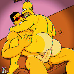anal anal_sex artist_signature ass background_character biceps black_hair brazilian cock completely_nude couch fabfelipe fucked_senseless fucking gay gay_male gay_sex hi_res highres homer_simpson huge_ass huge_butt huge_cock male muscular_male naked nude pecs penis pleasure_face pleasured riding_penis sex sunglasses testicles the_simpsons unknown_character