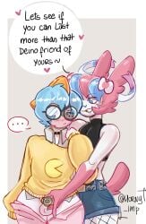 anthro aroused aroused_face blue_hair blush blush_lines bottomwear bottomwear_down bullying canid canine chastity_cage chastity_device clothed clothing clothing_lift collar duo eeveelution english_text eyewear generation_3_pokemon generation_6_pokemon glasses hair hi_res horny_imp humiliation humiliation_fetish latex latex_clothing male male/male mammal nerd nintendo partially_clothed pink_body pink_hair pokemon pokemon_(species) ralts shorts shorts_down symon_(horny_imp) teasing text wearing_glasses white_body