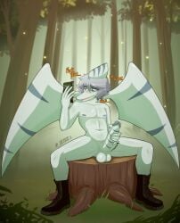 anthro anthro_only boots boots_only cavemanon_studios english_text fan_character green_(snoot_game) green_eyes male male_only masturbation naked nude nude_male outdoor_nudity outdoors phone pterodactylus pterosaur seven_(artist) silver_hair snoot_game solo text