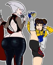 2girls a.k.i. ass_focus brown_eyes brown_hair exposed_hips fully_clothed hair_buns hip_windows huge_ass hummerh194 leg_up li-fen looking_at_viewer looking_back red_eyes short_hair street_fighter_6 white_hair