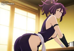 1girl ai_generated anime anime_style armband artist_name ass bandaged_wrist bandages bare_shoulders black_armband breasts center_opening cleavage female female_only hair_ornament hentai hi_res hip_cutout hip_vent indoors japanese_clothes jigokuraku kimono large_breasts looking_at_viewer medium_breasts mystic_maidens ninja patreon patreon_username ponytail purple_hair purple_kimono questionable red_eyes sash sideboob solo solo_female sunlight topknot white_sash window wrist_guards yuzuriha_(jigokuraku)