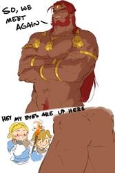 2:3 ass beard blonde_hair breath_of_the_wild brown_skin casual clothed_female_nude_male dark_skin dialogue ear_piercing ear_ring english_text facial_hair female funny ganondorf gerudo highres humanoid humanoid_pointy_ears humor hylian jewelry larger_male link link_(breath_of_the_wild) long_hair male male_focus mammal muscular muscular_male nintendo nipples nude pale_skin perineum piercing piikeisandaa pointy_ears princess_zelda red_hair rehydrated_ganondorf size_difference smaller_female smaller_male smile tears_of_the_kingdom text the_legend_of_zelda zelda_(tears_of_the_kingdom)