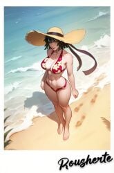 1girl ai_generated beach bikini feet flower_bikini footprint fubuki_(one-punch_man) green_hair long_legs looking_at_viewer rousherte sand sea seawater self_upload shore slim_waist straw_hat tagme toned_female
