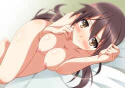 bed bed_sheet blush breasts brown_eyes brown_hair closed_mouth collarbone eyebrows_visible_through_hair female gertrud_barkhorn groin isa_(ni-iro) large_breasts long_hair looking_at_viewer nipples nude on_bed shiny shiny_hair shiny_skin solo strike_witches world_witches_series