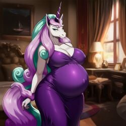 ai_generated anthro anthro_female fairy_type lazybonesai pokemon pokemon_(species) pokemon_ss pregnant pregnant_anthro pregnant_belly pregnant_female psychic_type purple_dress rapidash regional_form_(pokemon)