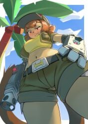 1girls belt breasts cat_tail catgirl crop_top from_below gameoverse glitch_productions gloves hat kit_(gameoverse) kit_bodega large_breasts looking_at_viewer looking_down midriff navel red_eyes short_hair shorts solo tagme tail