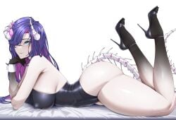 1girls avaritia_hawthorne black_heels black_leotard blue_eye blue_hair breasts broken_horn chapter_1_equilibrium_(varpro) clothed clothing corrupters_(varpro) dragon_girl dragon_horns dragon_tail dragon_wings female female_only hair_over_one_eye heels horns huge_breasts leotard light-skinned_female light_skin nipple_bulge on_bed one_eye_obstructed simple_background solo tail variance_project_(varpro) virtual_youtuber white_background wings