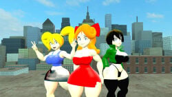 3d big_ass big_breasts black_hair blossom_(powerpuff_girls) blossom_(powerpuff_girls)_(cosplay) bubbles_(powerpuff_girls) bubbles_(powerpuff_girls)_(cosplay) buttercup_(powerpuff_girls) buttercup_(powerpuff_girls)_(cosplay) cosplay hooligan_sisters kabalmystic_(style) mighty_switch_force orange_hair powerpuff_girls thick_thighs yellow_hair