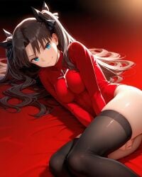 ass_visible bed_sheet black_hair black_hair_female black_socks blue_eyes blue_eyes_female closed_legs curvy curvy_body curvy_female fate/stay_night fate_(series) hands_between_legs kneesocks long_hair long_hair_female looking_at_viewer lust medium_ass medium_boobs medium_breasts medium_butt medium_tits naughty naughty_face naughty_female naughty_girl naughty_smile nice_ass no_panties no_skirt on_bed pervert pervert_female pov red_sweater rin_tohsaka sexy sexy_body sexy_pose smiling_at_viewer socks solo solo_female solo_focus sweater thick_legs thick_thighs tohsaka_rin twintails type-moon upscaled