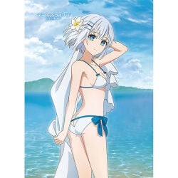 armpits beach blue_eyes blue_hairclip blue_sky butt_crack date_a_live flower_in_hair hair_flowing hairclips hairless_armpits hourglass_figure hourglass_figured_female light-skinned_female looki looking_at_viewer pinterest seaside shoulder_length_hair smiling_at_viewer tobiichi_origami white_bikini white_hair