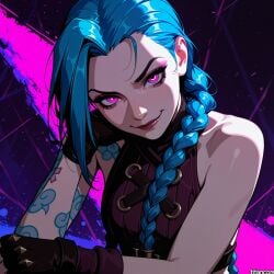 (titancore) ai_generated arcane_jinx blue_hair colour_background crazy_girl cute_girl female girl jinx_(league_of_legends) jinx_arcane laying_down league_of_legends long_hair low_twintails paint_splatter pink_eyes smirking smirking_at_viewer video_game_character