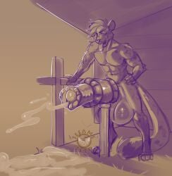 anthro balls barn big_balls big_penis bodily_fluids cum equid equine excessive_cum excessive_genital_fluids felid genital_fluids genitals hand_on_fence hand_on_hip hi_res huge_balls huge_penis hyper hyper_balls hyper_genitalia hyper_penis male mammal mount outside pantherine penetrable_sex_toy penis sesameseed sex_toy snow_leopard solo tongue tongue_out
