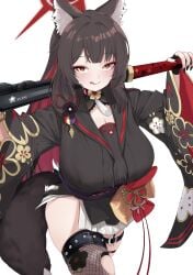 1girl animal_ears big_breasts blue_archive blush fox_ears fox_girl fox_tail huge_breasts licking_lips lir long_hair owo solo solo_female thick_thighs wakamo_(blue_archive)