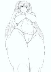 1girls artist_request big_breasts bra breasts female female_focus female_only hatsune_miku huge_breasts looking_at_viewer monochrome pussy smile solo solo_female solo_focus thick thick_thighs thong thunder_thighs tummy twintails vocaloid