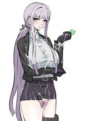 1girls akizora condom cum_in_pussy cum_on_clothes cum_on_face cum_on_hair danganronpa female female_only kirigiri_kyouko miniskirt purple_eyes silver_hair solo straight_hair tagme white_background