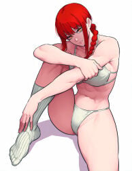1girls ai_generated bikini chainsaw_man female female_only makima_(chainsaw_man) pinup red_hair socks solo swimsuit white_bikini white_socks white_swimsuit zloimakak