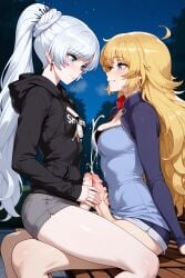 1girls ai_generated autotitfuck blue_eyes breasts cumming ejaculation futanari handjob_frottage hoodie masturbating nimona1491_(artist) rwby semen_on_body sitting_on_bench solo titjob weiss_schnee yang_xiao_long