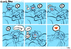 ! anthro bed bedding blanket blush bodily_fluids closed_eyes clothed clothed_masturbation clothing comic cum domestic_cat erection erection_under_clothing felid feline felis female flying_sweatdrops genital_fluids hand_holding heart hugging_pillow male mammal masturbation moan open_mouth orgasm panken pillow pussy_juice sleeping sound_effects speech_bubble stealth_masturbation straight sweat sweatdrop tongue zzz