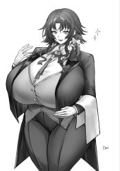 1girls bow bow_in_hair breasts butler butler_uniform character_request doinaka female girl_in_suit gloves greyscale huge_breasts massive_breasts sharp_teeth suit suit_and_tie thick_thighs thighs white_gloves
