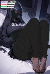 1girl ai_generated anime_girl black_fishnets black_hair black_hoodie black_skirt bliss4kiss blush censored choker cropped_hoodie embarrassed_expression erotic_art explicit_anime fishnet_thighhighs highres indoor_scene kuro_(bliss4kiss) large_breasts legs_spread long_hair nsfw_content purple_eyes rule34_style seductive_pose solo sweat teasing_pose voluptuous_figure wet