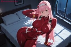 1girl ai_generated aqua_eyes bangs bed blush bodysuit breasts covered_navel eyebrows_visible_through_hair hairband hi_res high_quality high_resolution horns indoors kiraamane large_breasts long_hair looking_at_viewer on_bed oni_horns patreon pilot_suit pink_hair red_bodysuit red_horns seductive sexy shiny shiny_hair skin_tight smile solo uncensored watermark white_hairband window zero_two_(darling_in_the_franxx)