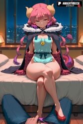 1boy 1girls 2025 ai_assisted ai_generated anime animeprds25 apron artist_name bed breasts crossed_legs hetero hi_res high_heels high_quality high_resolution highres hooded_cape horns ilulu ilulu_(dragon_maid) indoors kobayashi-san_chi_no_maidragon long_hair looking_at_viewer miss_kobayashi's_dragon_maid naked_apron on_bed panties patreon_username pillow pink_hair pointy_ears pov red_footwear shoes sitting smile solo_focus stable_diffusion tail toe_cleavage underwear watermark window yellow_horns