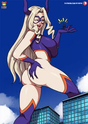 2girls ass bodysuit breasts cleavage female female_only giantess hand_on_ass kyoffie midnight_(my_hero_academia) mount_lady my_hero_academia nemuri_kayama size_difference sky yuu_takeyama