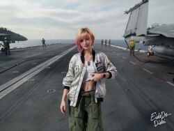 1girls ace_combat ai_generated aircraft_carrier breasts breasts_out dialogue eidedodidei female female_focus flashing jacket multicolored_hair nipples outdoors pants pov self_upload shirt shirt_lift shorter_than_30_seconds tagme video voice walking