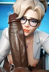 1boy 1girls absurdly_large_cock ai_generated angela_ziegler azataai big_breasts blizzard_entertainment blonde_female blonde_hair cheating_female cheating_wife chocolate_and_vanilla dark-skinned_male dark_penis dr._ziegler fumes handjob imminent_oral kneeling kneeling_oral_position mercy netorare ntr overwatch overwatch_2 pale-skinned_female smile steaming