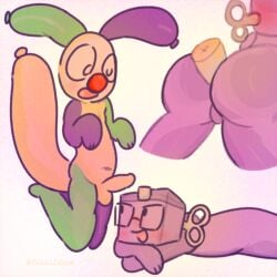 1:1 anal anal_penetration backsack balls blushcrunch_studio boxten_(dandy's_world) butt dandy's_world fossildusk genitals hi_res kneeling looey_(dandy's_world) lying male male/male penetration penis roblox