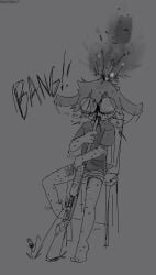 ambiguous_gender anthro blood bodily_fluids bravo_(bravobunny) bravobunny chair clothed clothed_anthro clothing death furniture gore greyscale gun hi_res lagomorph leporid mammal monochrome on_chair rabbit ranged_weapon self-harm shirt shooting shotgun sitting sitting_on_chair solo suicide t-shirt tears topwear weapon