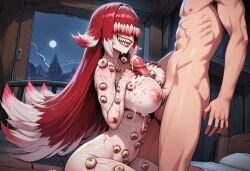 1boy 1girls ai_generated balls bangs_over_eyes bleeding blood breasts claws cum cum_on_breasts cum_on_face cumdrip ejaculation eyeball eyeballs eyes_covered eyes_on_body female hand_on_breast horror horror_(theme) large_breasts long_hair male mind_control monster_girl nipples original original_character paigen paizuri pale pale_skin parasite penis red_hair sharp_teeth teeth titfuck titjob two-tone_hair veins white_hair_tips white_skin