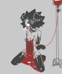 alternative_fashion anthro balls barely_visible_genitalia barely_visible_penis black_collar black_hair blood blood_bag blood_from_mouth blood_in_mouth bodily_fluids bravobunny canid canine canis clothing collar crying disembowelment domestic_dog emo femboy floppy_ears folded_ears genitals gloves gore gore_focus goth grey_background grey_body guts hair handwear intestines iv_bag iv_line kneeling latex latex_clothing latex_gloves latex_handwear latex_legwear latex_thigh_highs legwear male mammal mostly_nude nipples nosebleed organs pain penis simple_background solo spiked_collar spikes tears thigh_highs